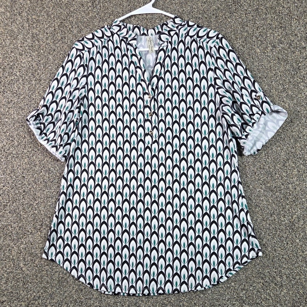 Perseption Concept Blouse Womens Large Teal Black Geometric Roll Tab TP-MS-200